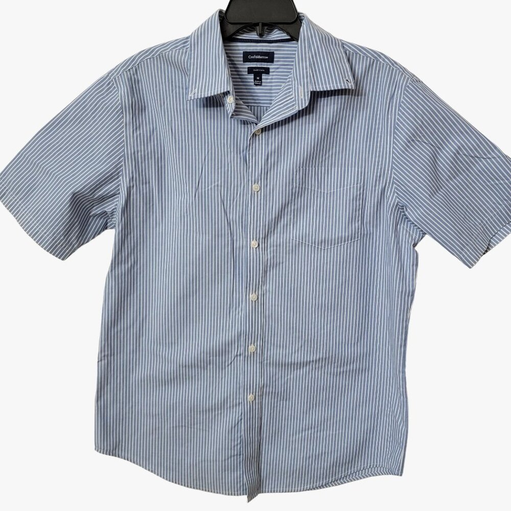 Croft & Barrow Mens M Short Sleeve Dress Shirt‎ Easy Care Blue & White Striped